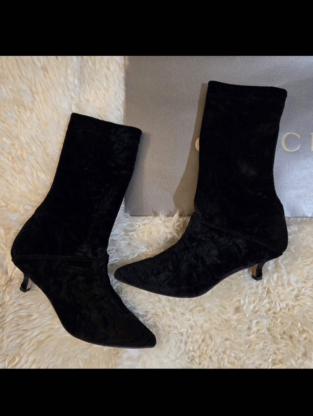 Tibi Black Velvet Mid-Calf Kitten Heel Ankle Boots Women Size 36